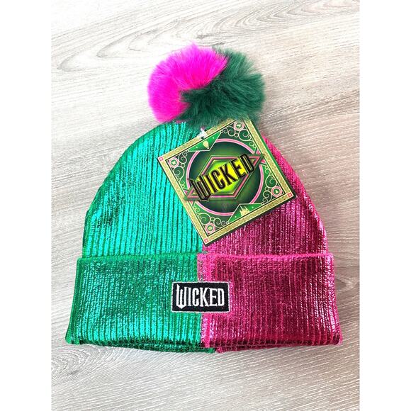 Universal City Studios Accessories - NWT Universal City Studios Wicked Adult Metallic Beanie Hat Pom Pom Pink Green